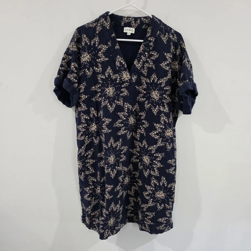 Wonderly Womens Floral Gauze Shirt Dress Size Large Blue Cottage Coastal Euro